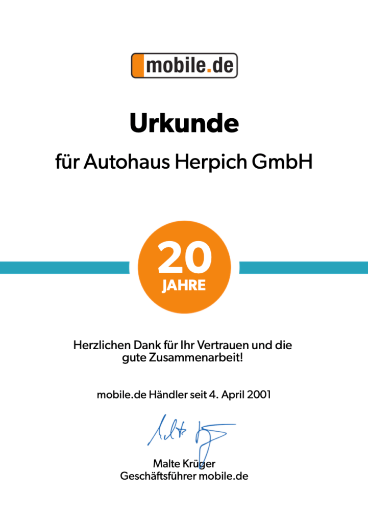 Urkunde 20 Jahre Autohaus Herpich